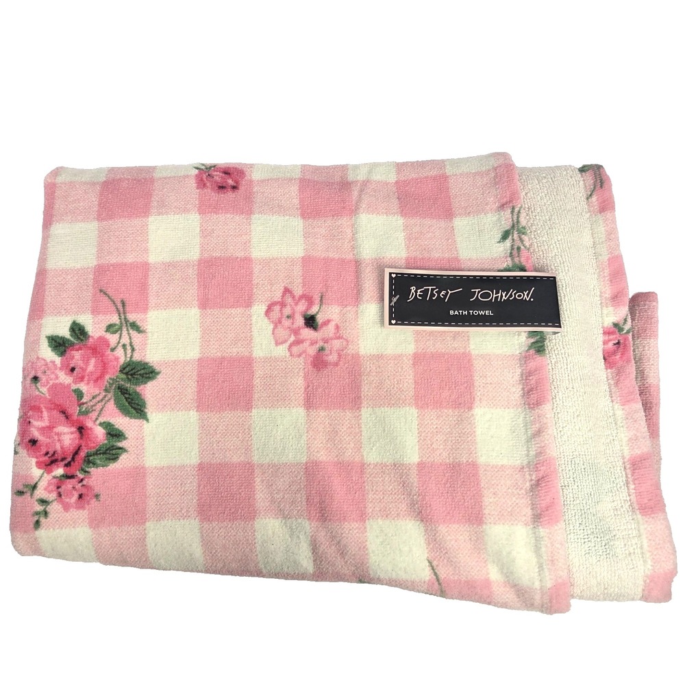 Betsey Johnson Bath Towel Pink White Gingham Floral Roses 28 x 52 Inch New